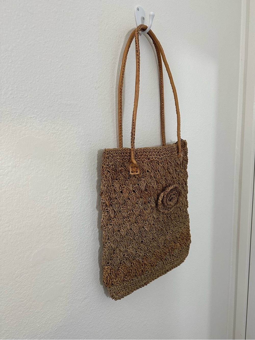 Brown Beige Woven Straw Handmade Tote Bag with Flower Accent & Leather Strap - Picture 7 of 14